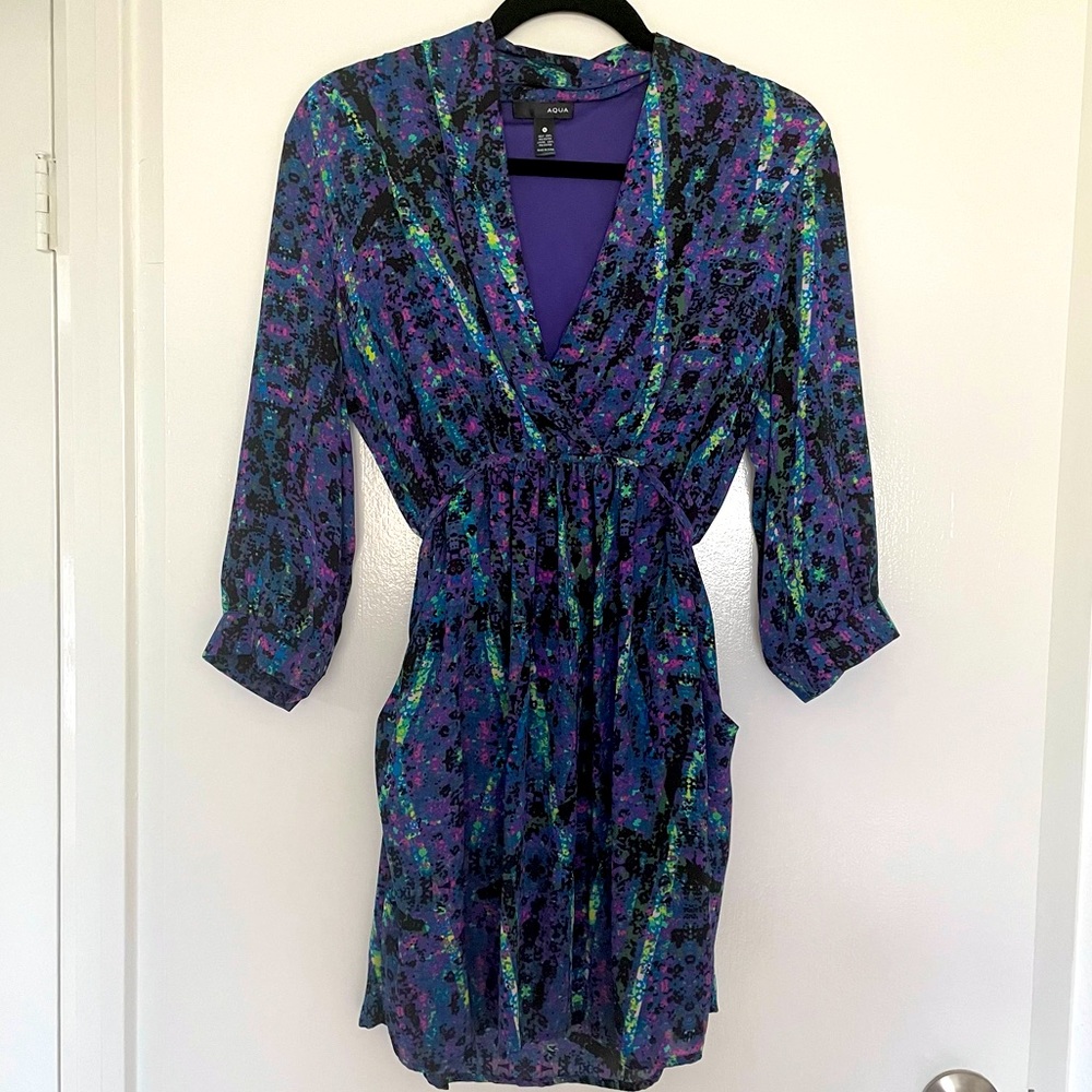 Aqua dress with sleeves snake skin purple print
